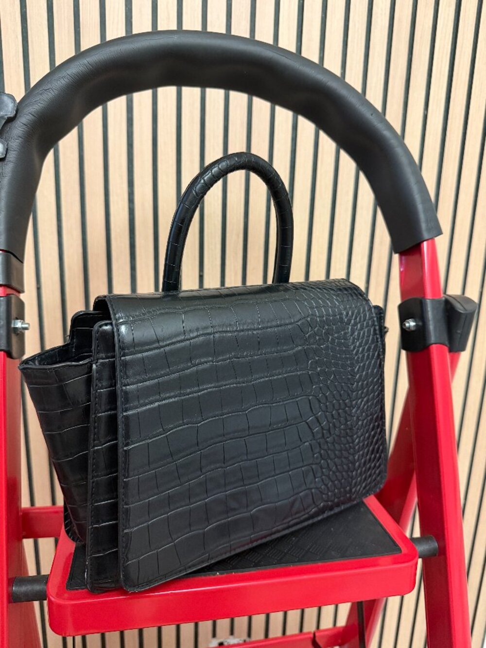 Black Croc Embossed Structured Top Handle Shoulder Bag